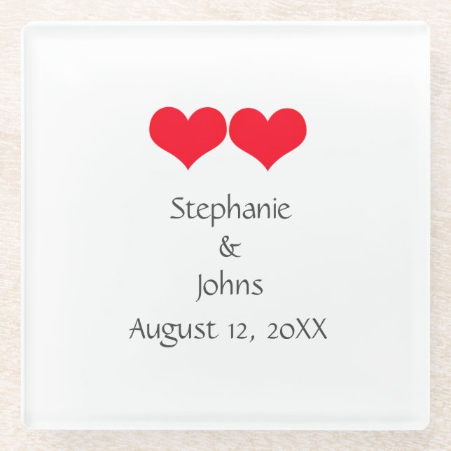 Red Hearts Cute Couple Wedding Valentines Day 2023 Glass Coaster (Front)