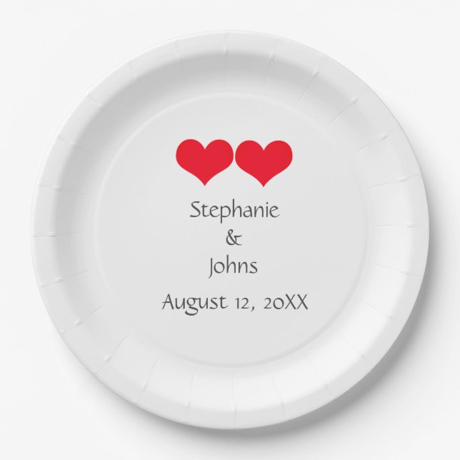Red Hearts Cute Couple Wedding Valentines Day 2023 Paper Plate (Front)