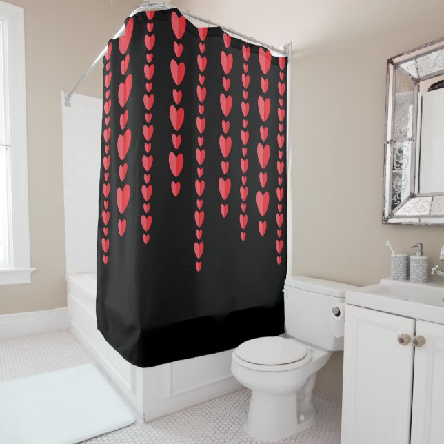 Red Hearts Cute Valentine's Black Shower Curtain (In Situ)