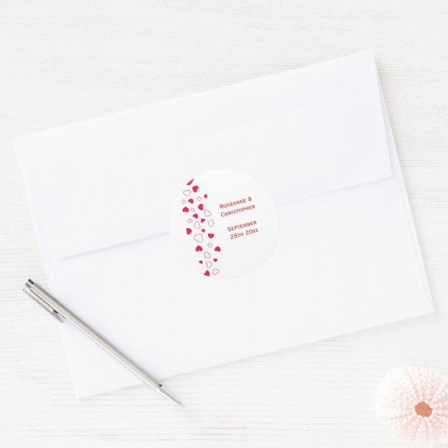 Red Hearts Design Valentines Day Wedding Classic Round Sticker (Envelope)