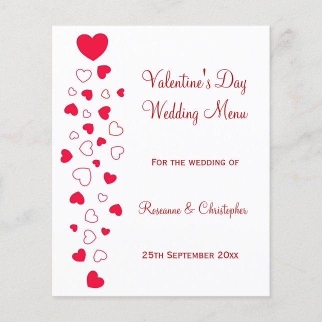 Red Hearts Design Valentines Day Wedding Menu (Front)