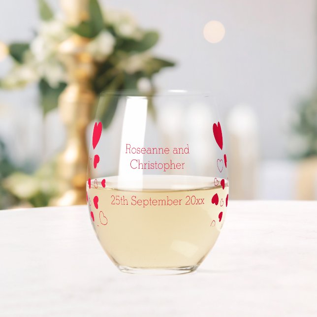 Red Hearts Design Valentines Day Wedding Stemless Wine Glass (Insitu (Wedding))