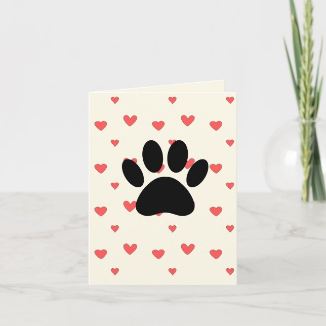 Red Hearts Drawing With Dog Paw Print Background Card (Front)
