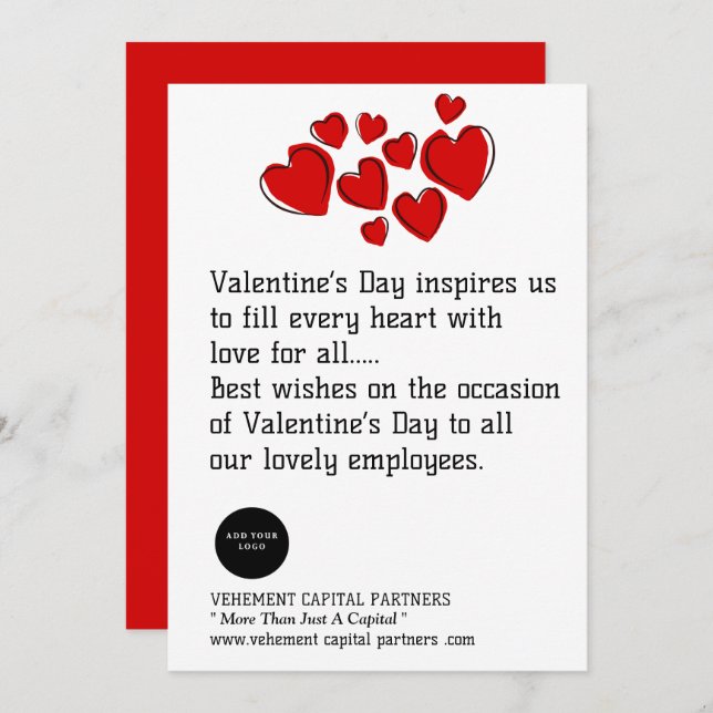 Red Hearts  Employees Office Logo Valentines Day Holiday Card (Front/Back)