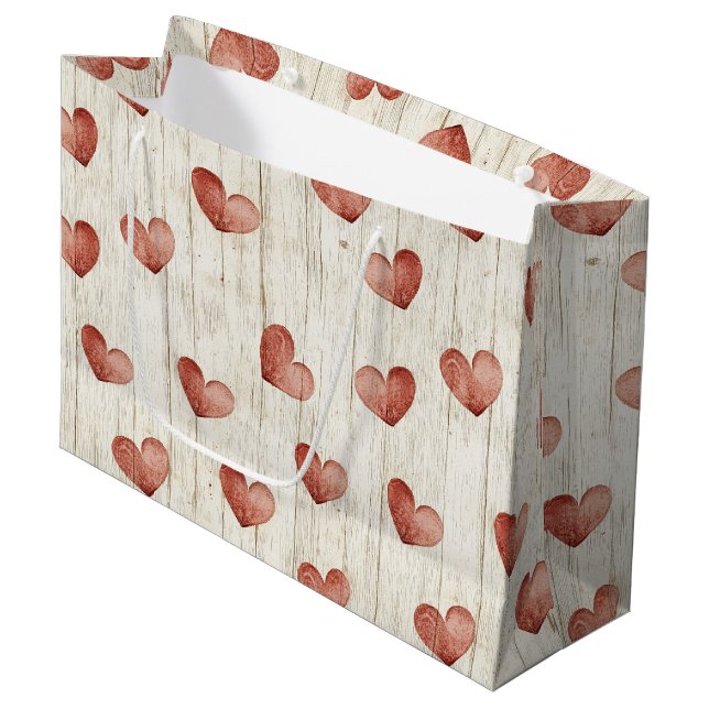 Red Hearts Faux Wood Large Gift Bag (Front Angled)