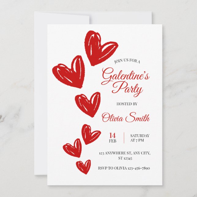 Red hearts galentines party invite , valentines  (Front)