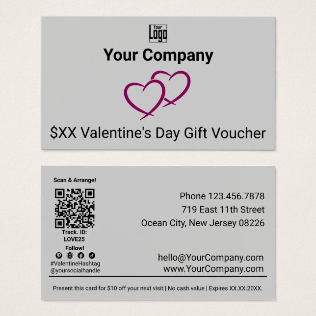 Red Hearts Grey Valentine's Day Gift Voucher Card (Front & Back)
