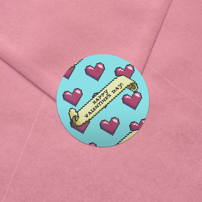 Red Hearts Happy Valentine's Day Pixel Art Pattern Classic Round Sticker (Creator Uploaded)