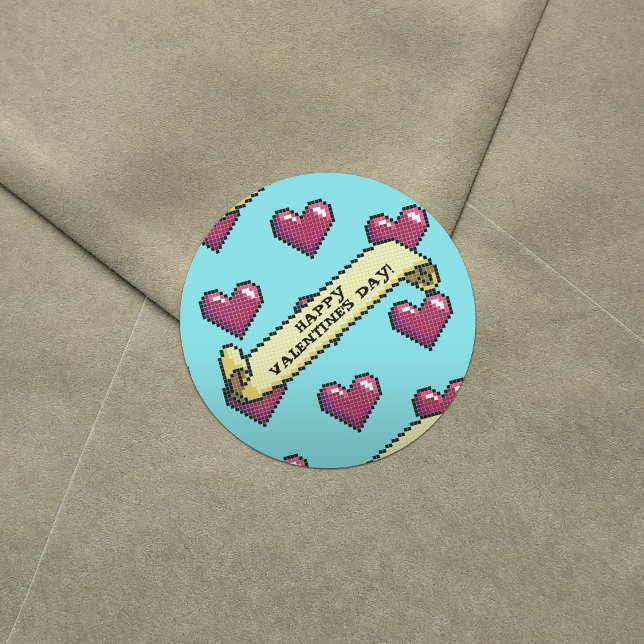 Red Hearts Happy Valentine's Day Pixel Art Pattern Classic Round Sticker (Creator Uploaded)