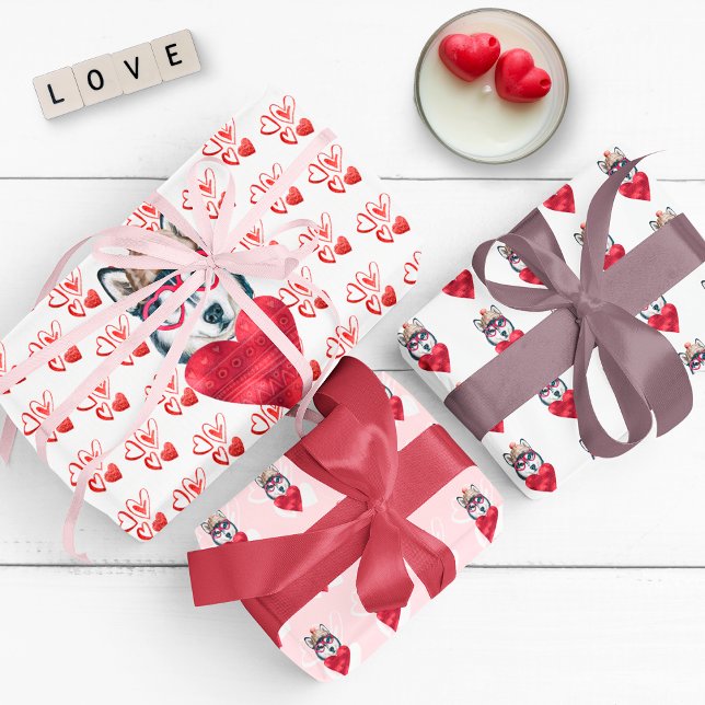 Red Hearts Husky Dog Lover Valentines Gift Wrapping Paper Sheet (Creator Uploaded)