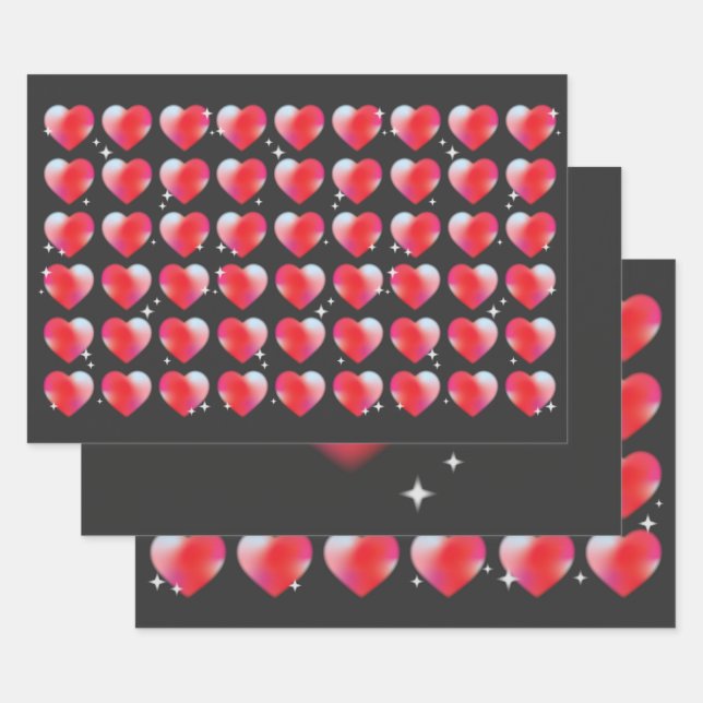 Red hearts in black background, valentine's day  wrapping paper sheet (Set)