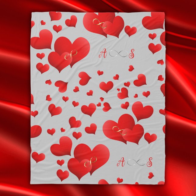 Red Hearts Infinity Initials Monogram on grey | Fleece Blanket (Creator Uploaded)