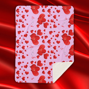 Red Hearts Infinity Initials Monogram on pink Sherpa Blanket