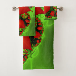 Red Hearts Lime Green Modern Abstract Fractal Art Bath Towel Set