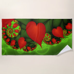 Red Hearts Lime Green Modern Abstract Fractal Art Beach Towel