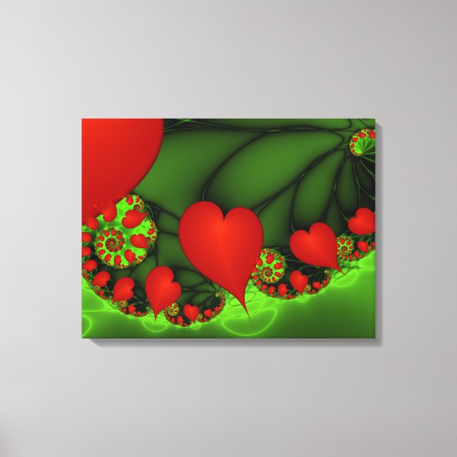 Red Hearts Lime Green Modern Abstract Fractal Art Canvas Print (Front)