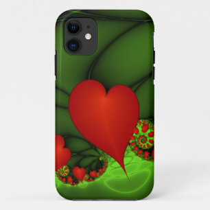 Red Hearts Lime Green Modern Abstract Fractal Art iPhone 11 Case