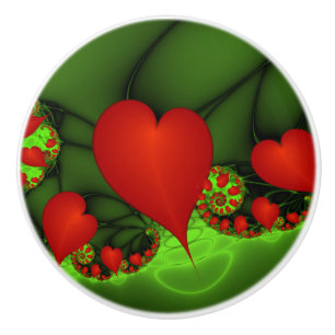 Red Hearts Lime Green Modern Abstract Fractal Art Ceramic Knob