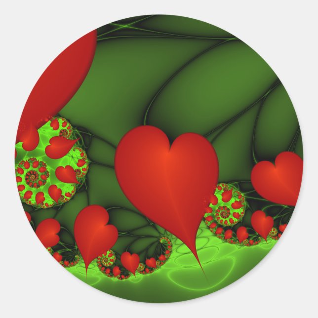 Red Hearts Lime Green Modern Abstract Fractal Art Classic Round Sticker (Front)