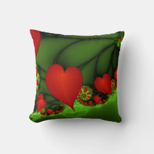 Red Hearts Lime Green Modern Abstract Fractal Art Cushion