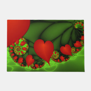 Red Hearts Lime Green Modern Abstract Fractal Art Doormat