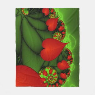 Red Hearts Lime Green Modern Abstract Fractal Art Fleece Blanket