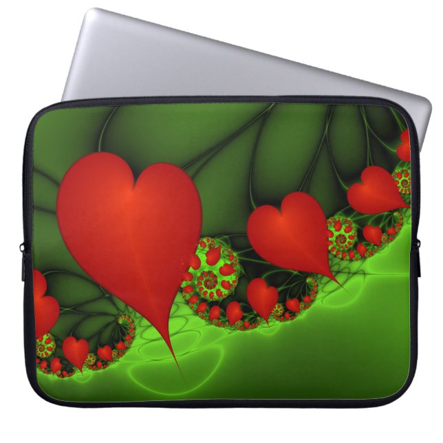 Red Hearts Lime Green Modern Abstract Fractal Art Laptop Sleeve (Front)