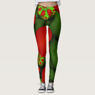 Red Hearts Lime Green Modern Abstract Fractal Art Leggings