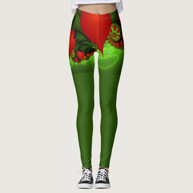 Red Hearts Lime Green Modern Abstract Fractal Art Leggings (Front)