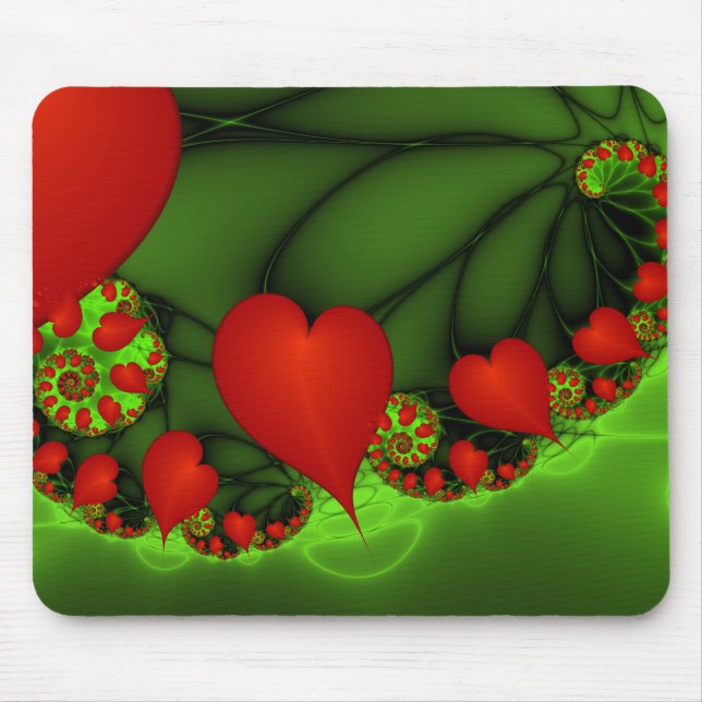Red Hearts Lime Green Modern Abstract Fractal Art Mouse Mat (Front)