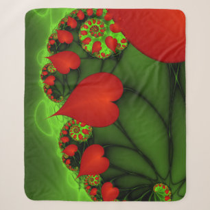 Red Hearts Lime Green Modern Abstract Fractal Art Sherpa Blanket