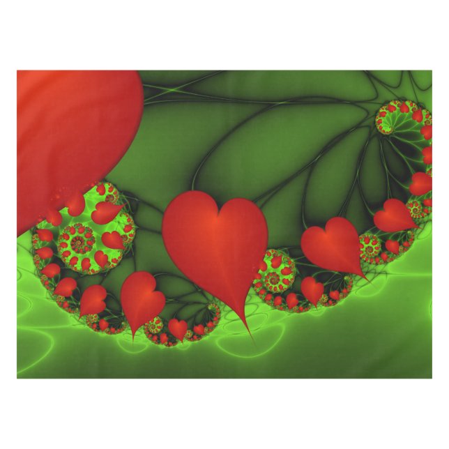 Red Hearts Lime Green Modern Abstract Fractal Art Tablecloth (Front (Horizontal))