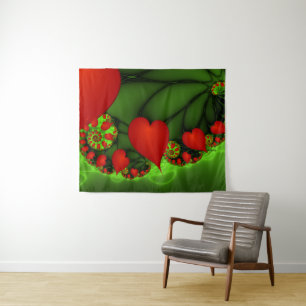 Red Hearts Lime Green Modern Abstract Fractal Art Tapestry