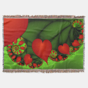 Red Hearts Lime Green Modern Abstract Fractal Art Throw Blanket
