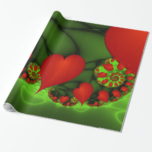 Red Hearts Lime Green Modern Abstract Fractal Art Wrapping Paper