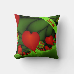 Red Hearts Lime Green Modern Abstract Fractal Name Cushion