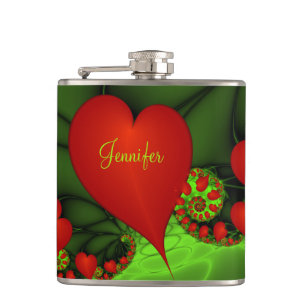 Red Hearts Lime Green Modern Abstract Fractal Name Hip Flask
