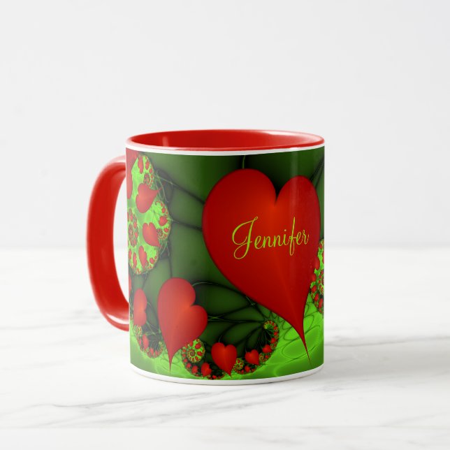 Red Hearts Lime Green Modern Abstract Fractal Name Mug (Front Left)