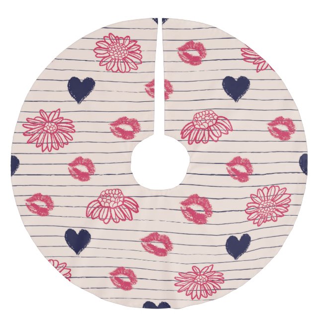 Red hearts, lips, daisies pattern. brushed polyester tree skirt (Front)