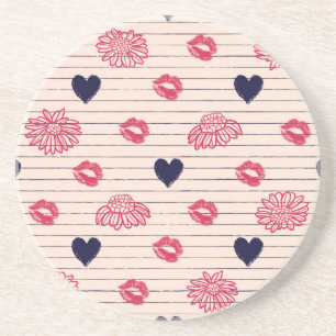 Red hearts, lips, daisies pattern. coaster