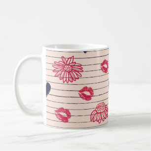 Red hearts, lips, daisies pattern. coffee mug