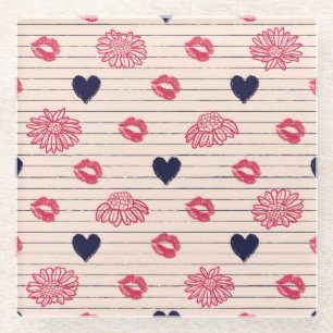 Red hearts, lips, daisies pattern. glass coaster