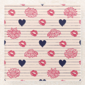 Red hearts, lips, daisies pattern. glass coaster
