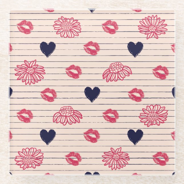 Red hearts, lips, daisies pattern. glass coaster (Front)