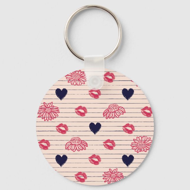 Red hearts, lips, daisies pattern. key ring (Front)