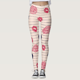 Red hearts, lips, daisies pattern. leggings