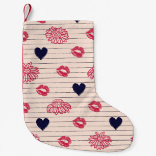 Red hearts, lips, daisies pattern. small christmas stocking