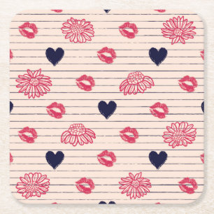 Red hearts, lips, daisies pattern. square paper coaster