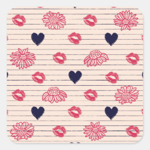 Red hearts, lips, daisies pattern. square sticker