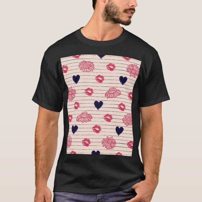 Red hearts, lips, daisies pattern. T-Shirt (Front)